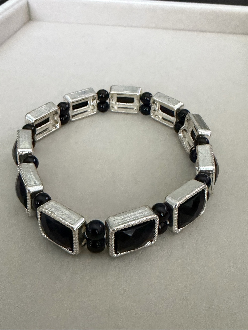 Silver-Tone Black Stone Stretch Bracelet